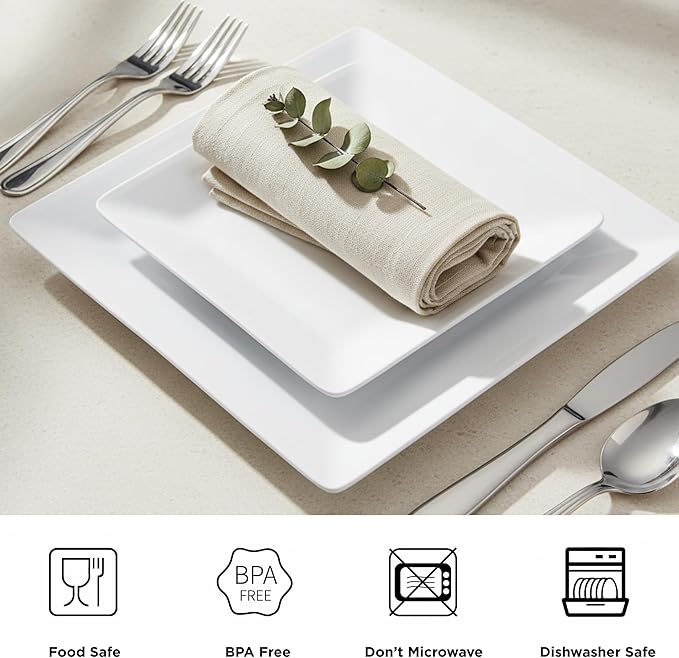 TP 12-Piece Dinnerware Set, Melamine Dishes Set with Bowls and Plates, Non-breakable and Lightweight Square Dinner Set for 4, White