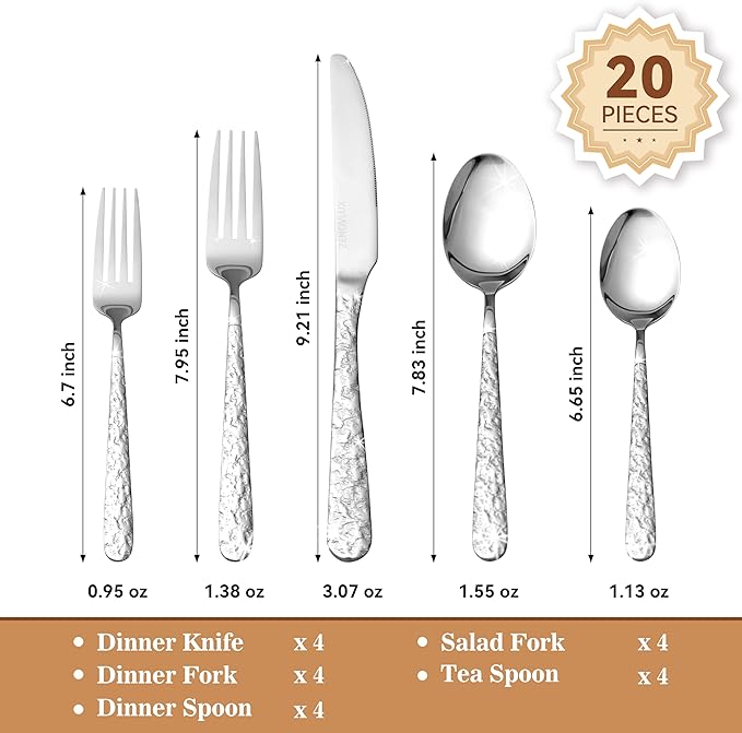 20-Piece Hammered Silverware Set for 4, Stainless Steel Cutlery with Unique Lava Texture, Nickel Free Spoons & Forks Set, Dishwasher Safe Flatware, Elegant Design for New Home Gifts