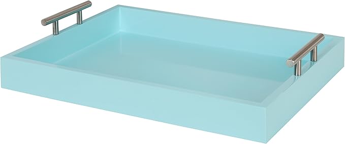 Kate and Laurel Lipton Decorative Tray with Polished Silver Metal Handles, Pastel Teal