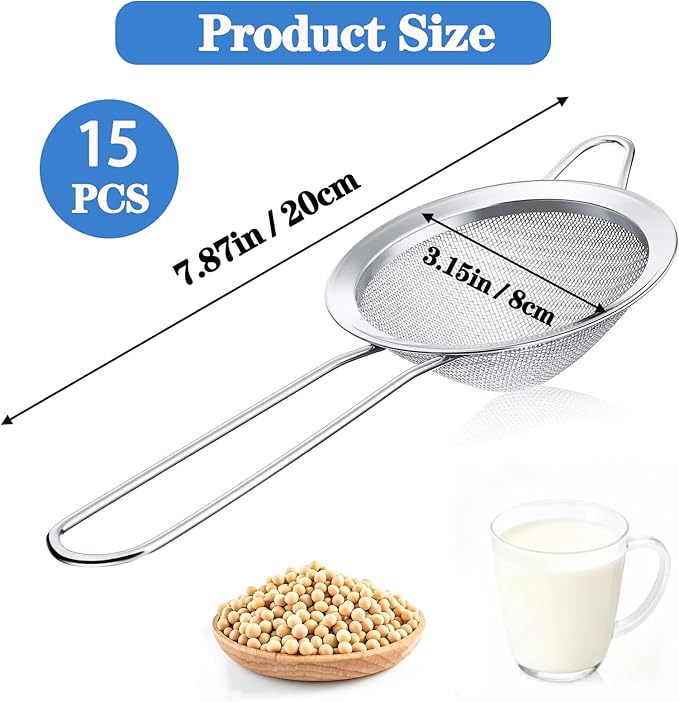 15 Pcs Tea Strainers Cocktail Strainer Stainless Steel Fine Mesh Strainer Colander Conical Food Loose Tea Filter Practical Bar Colander Tool 3.2 Inches Silver