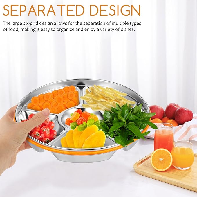Luxshiny Divided Serving Tray with Lid 6 Compartments Stainless Steel Snack Tray Vegetable Fruit Platter for Family Gatherings Picnics and Office Lunches