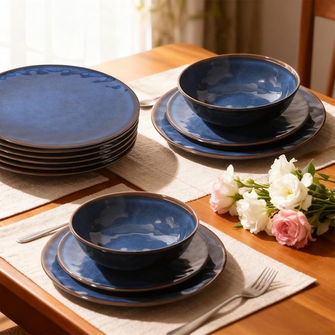 Rustic Farmhouse 12 Piece Melamine Dinnerware Sets - Service for 4, Lightweight Dinnerware with Plates and Bowls Sets, for Indoor and Outdoor Use, Unbreakable Kitchen Plates and Bowls (4, Blue)