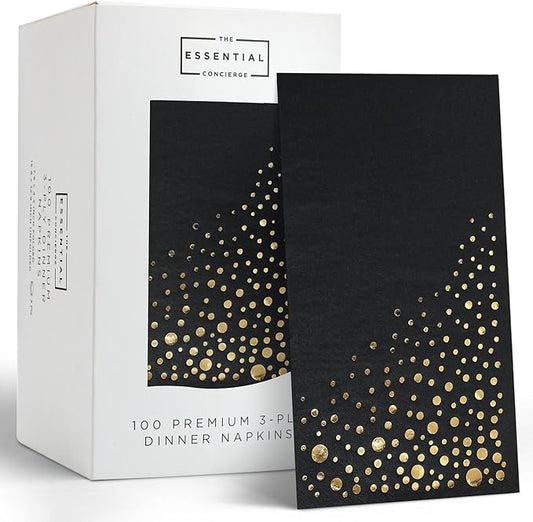 Stylish Black and Gold Napkins, 100 Dinner Napkins, Disposable Gold and Black Napkins for Wedding - 7.5 x 4.25 Inch Wedding Napkins for Reception, Paper Napkins for Party