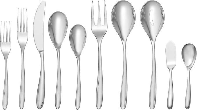 nambe Bend Flatware, 45-Pc Set, 18/10 Mirror Stainless Steel Silverware Cutlery Set, Designed for Home Kitchens, Hotel, or Restaurants, Service for 5 and a 3pc Serving Utensil Set, Dishwasher Safe