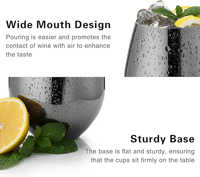 WOTOR Black Stainless Steel Wine Glasses Set of 4, 18oz Unbreakable Stemless Metal Wine Glass for Outdoor, Travel, Camping, Pool