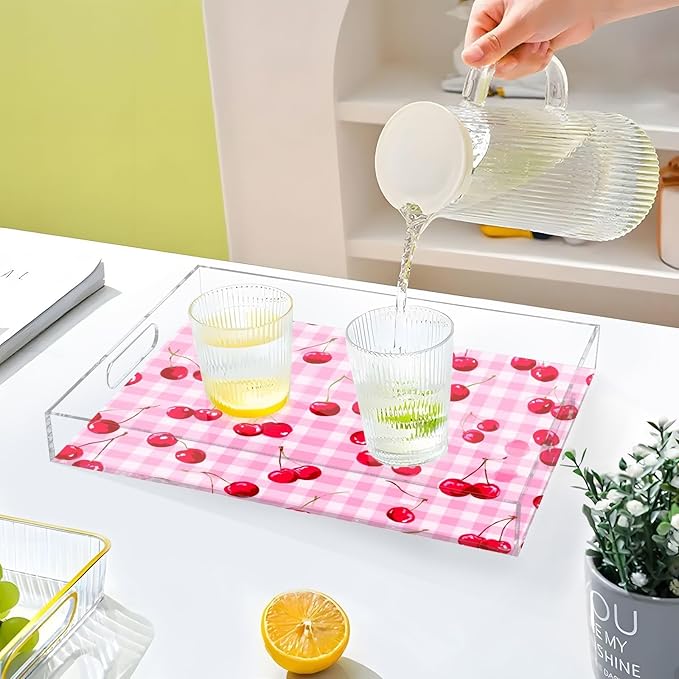 Serving Tray with Handles Clear Acrylic Tray 12x16 Inch Decorative Rectangular Tray Organizer for Ottoman Coffee Table Bathroom Pink Juicy Checkered Cherry