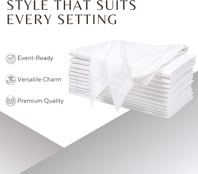 Ramanta Home White Cloth Dinner Napkin Set of 12-20x20 Inch, Premium Cotton Linen Flax Hemstitched Napkins, Soft Durable Washable for Everyday Use Thanksgiving Christmas Parties Halloween