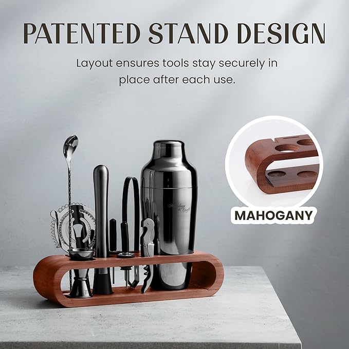 Mixology & Craft Bartender Kit: 10-Piece Cocktail Shaker Set with Dark Bamboo Stand | Complete Cocktail Kit Gift Set | Top Bartender Gifts for Men & Women | Leak-Proof Design (Gun Metal)