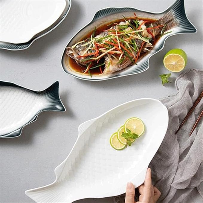 SONGCHAO Party Supplies Creative Fish-shaped Ceramic Plate Household Fish Plate Steamed Fish Plate Restaurant Snack Plate Kitchen Tableware Party Plates