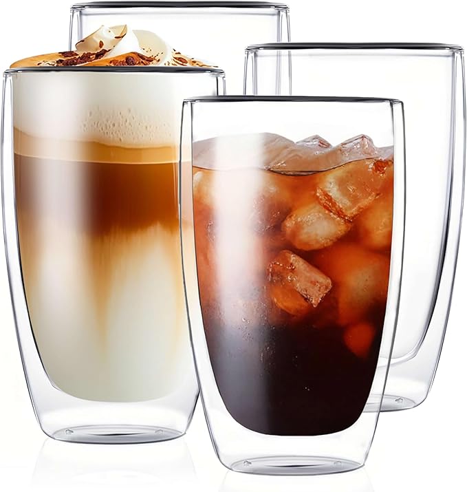 MESNEY 17 Oz(500ml) Double Walled Glass Coffee Mugs, Glass Coffee Mugs Set of 4, Insulated Clear Cappuccino Latte Mugs for Home, Cafe & Restaurant, Durable Stackable Drinking Glasses