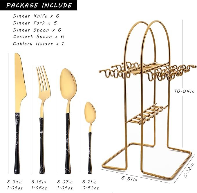 Stainless Steel Silverware Set with Holder - 25 PCS Gold Flatware Cutlery Set - Black Marble Texture Handle Design - Hanging Metal Eating Utensils Set Service for 6 - Party Tableware Set