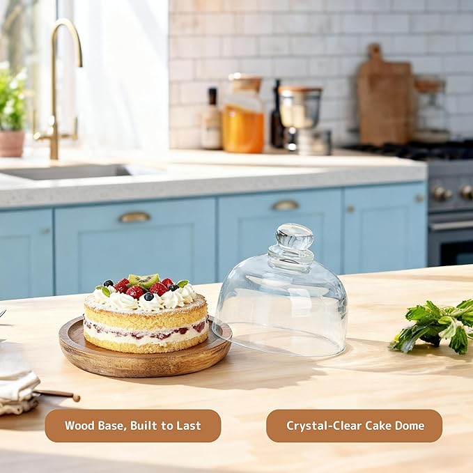 2 Pack Ultra Mini Wooden Base Cake Display Stand with Glass Dome,Cloche Clear Glass Bell Jar Cover for Dessert Cheese Candy Plants Succulents (4.1 x 3.7 inch)