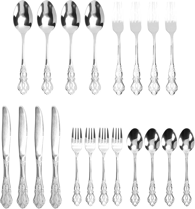 Zerodis Vintage Silverware, Serving Sets Set With Knife Fork Spoon Silver, 20 Piece Silverware Service For 4, Flatware For Home And Kitchen, Dishwasher Safe Vintage, (Silver)