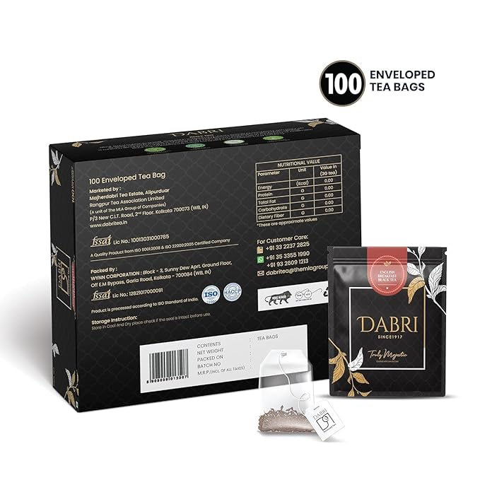Dabri English Breakfast Black Tea Bags (100 Double Chamber Tea bags)