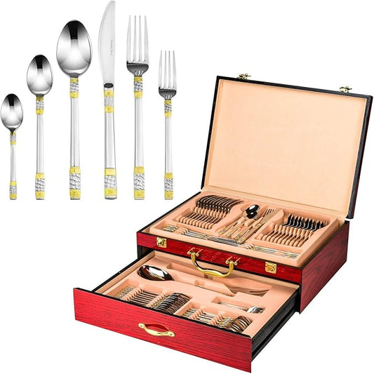 Italian Collection 'Luxor', 75-Piece Premium 18/10 Surgical Stainless Steel Silverware, Flatware Set, Service for 12, Gold-Plated Hostess Serving Set in a Wooden Case