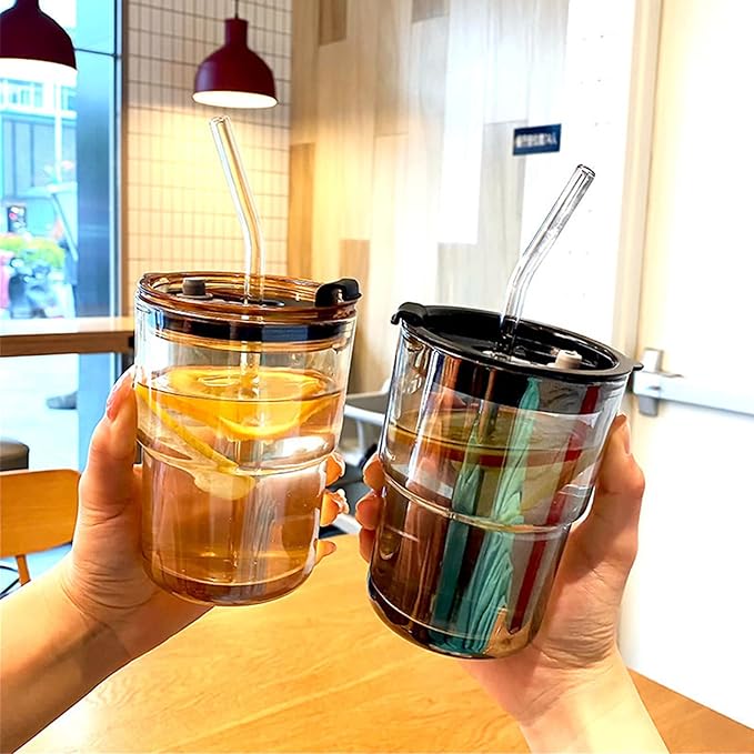 BLUEPOLAR 13oz/400ml Tumbler Water Glass, Water Bottle with Straw and Lid Sealed Carry on, Glass Coffee Mug Iced Tea Cup Thick Wall Insulated Glass Cup (Gray)