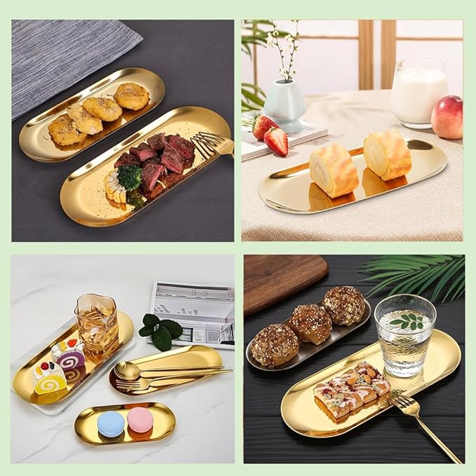 6PCS Stainless Steel Serving Tray Set Small Metal Trays Decorative Gold Platters for Serving Food Party 9" Long Plate Oval Storage Trays Thickened Serving Dishes for Entertaining Sushi Snack