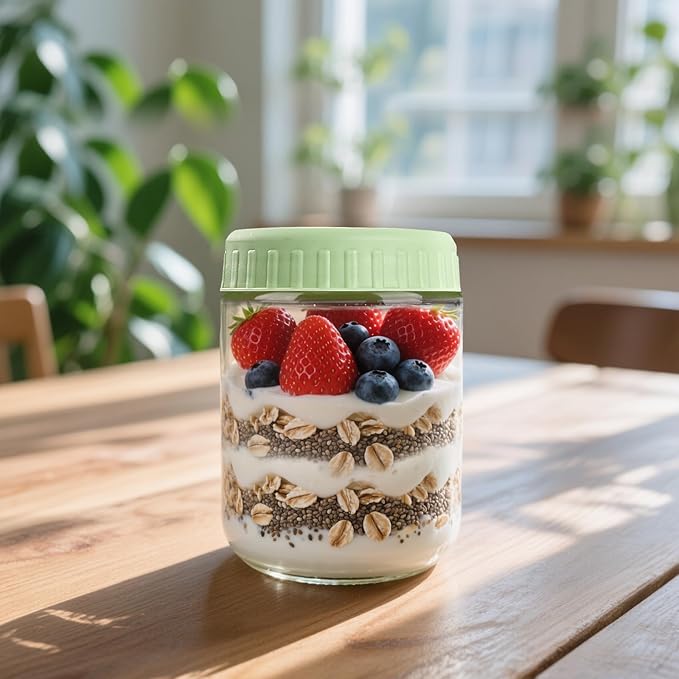 Overnight Oats Containers with Lids, 16oz Glass Jars with Lids 2 pcs, Light Green, Wide Mouth Mason jars for Salad, Yogurt, Snacks, Meal Prep