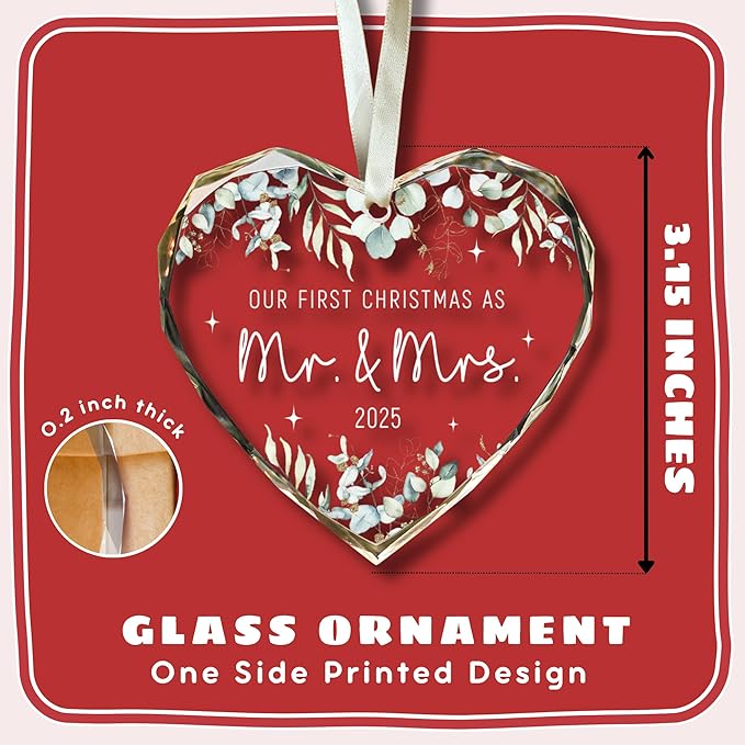 First Christmas Married Ornament 2025 - Wedding Gifts - Mr and Mrs Gifts - Wedding Gift for Couples 2025, Bride, Future Mr and Mrs - Bridal Shower Gift for Married Newlywed - Glass Ornament