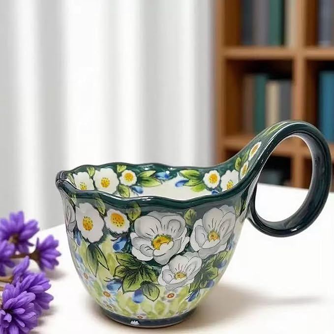 OZY Handpainted Soup Bowl with Handle,Ceramic Cereal Bowl Great for Soup, Ice cream, Fruits,Snack,Microwave &Dishwasher Safe (Green)