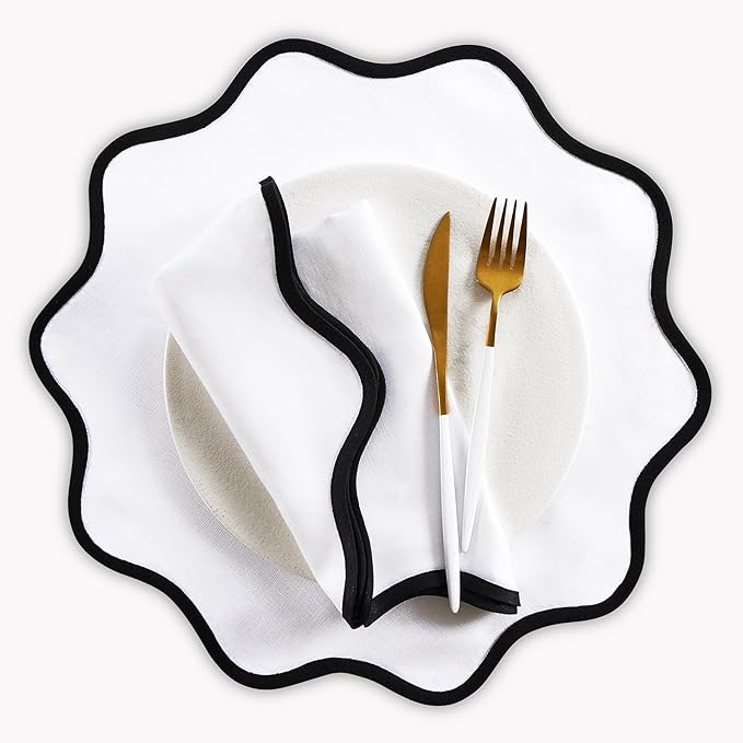 Solino Home Linen Scallop Cloth Placemats Set of 4-100% Pure Linen Black and White Round Placemats 16 Inch for Winter - Giselle Scallop Edge, Handcrafted and Machine Washable