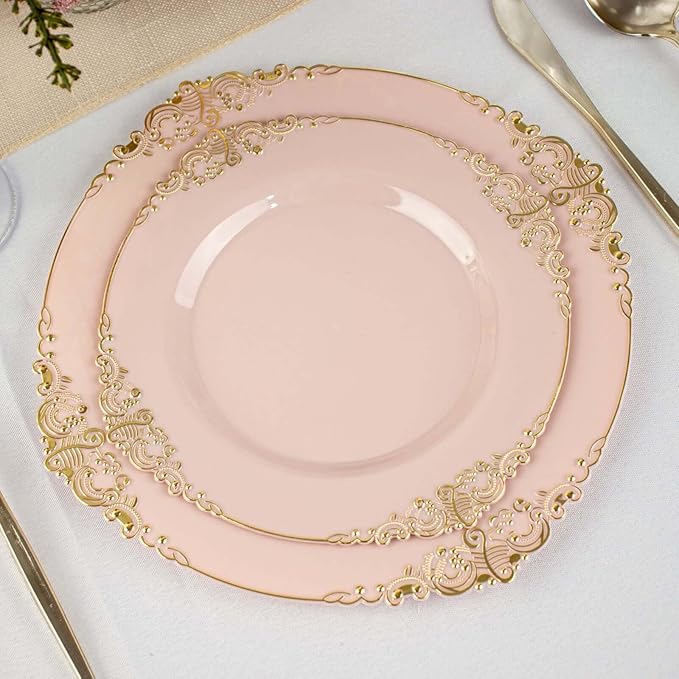 8" Salad Plates -Set of 30 - Plastic Blush Round Baroque Disposable Chargers Leaf Embossed Rim, Ideal for Dinner Party Wedding Bulk Events