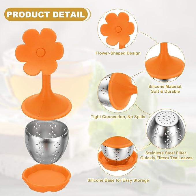 uxcell 2 Pcs Flower Tea Infuser, Stainless Steel Loose Leaf Tea Steeper Filter with Silicone Handle Reusable Coarse Pores Mesh Strainer Diffuser for Teacups Teapots Mugs, Orange