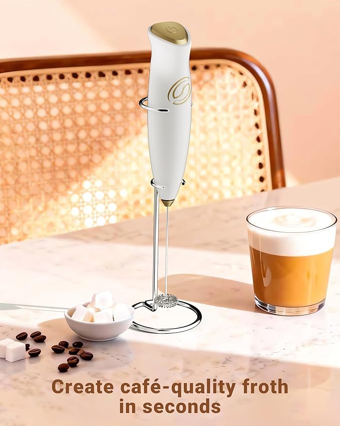 Milk Frother With Stand Handheld Frother Wand Drink Mixer Handheld Coffee Stirrers Electric Frother for Coffee Mixer Wand with 2 Whisk frother for protein powder-White/Gold