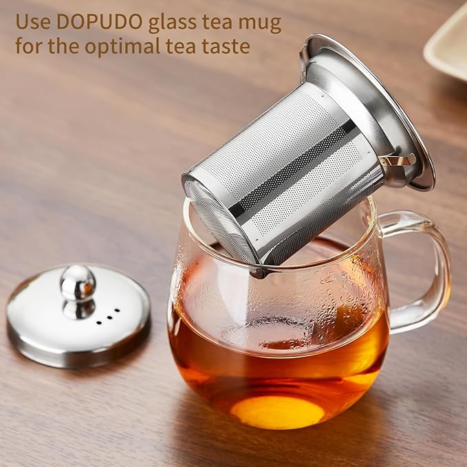 Glass Tea Cup with Infuser and Lid, 14.5oz/450ml Large Borosilicate Glass Teacup with Stailess Steel Filter, Clear Mug for Loose Leaf Blooming Tea, Dishwasher Safe - Tea Maker Gift.