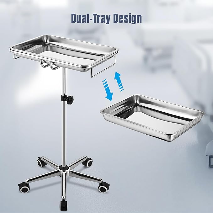 AW Mayo Stand with 2 Trays Stainless Steel Adjustable Height 31"-48" Mobile Medical Cart Trolley 19"x13"x2" Removeable Instrument Trays 5 Pcs Lockable Wheels for Dental Salon Tattoo Esthetician