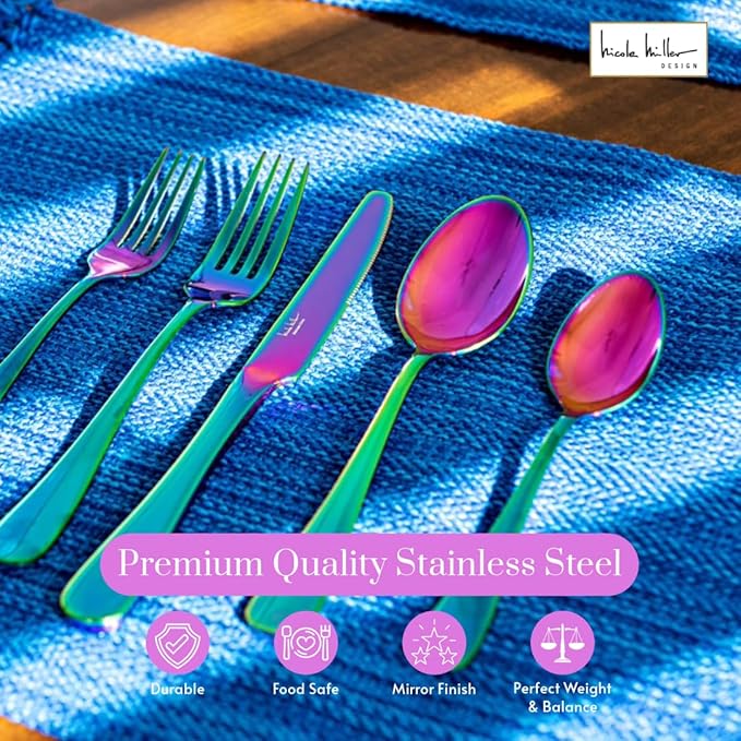 Nicole Miller 20-Piece Rainbow Flatware Set - Modern Stainles Steel Kitchen Utensils For A Stylish Dining, Service for 4