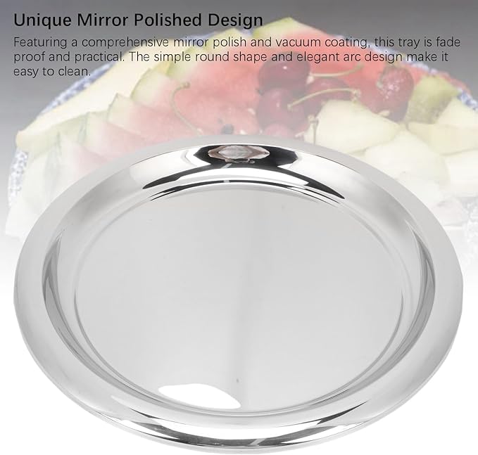 35cm Stainless Steel Round Serving Tray Mirror Polished Silver Metal Bar Tray, Rustproof Elegant Circular Platter for Drinks Snacks Desserts Whiskey