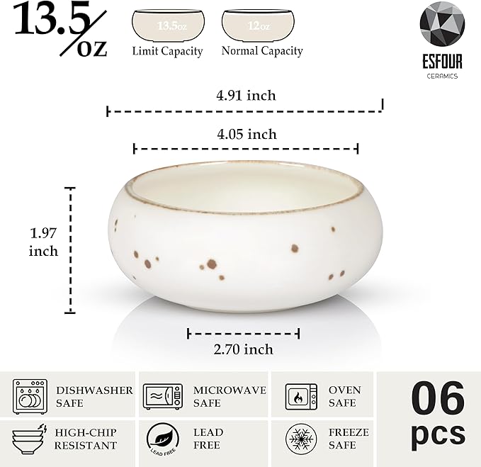 Small Hand Craft Dessert Bowls - 13.5 oz, Set of 6 - Microwave, Oven, Dishwasher Safe, Ice Cream, Soup, Snacks, Rice, Cereal, Chili, Side Dishes Dips, Ideal Gift - Classic Assorted Colors