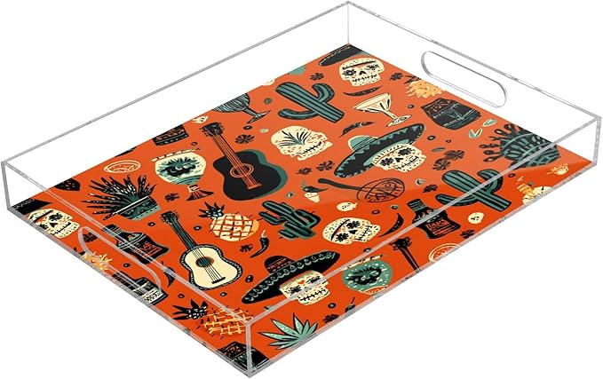Serving Tray with Handles Clear Acrylic Tray 12x16 Inch Decorative Rectangular Tray Organizer for Ottoman Coffee Table Bathroom Deep Orange Day of The Dead Skull Cactus
