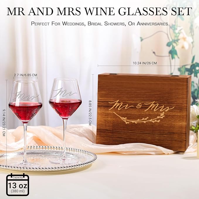 Mr and Mrs Wine Glasses Set with Wooden Box and Wine Accessories – Engagement or Housewarming Gift for Couple