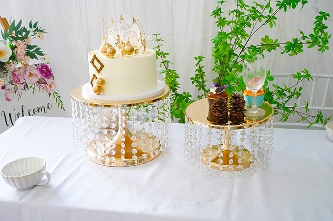 LANLONG Cake Stand for Dessert Table 12 Inch Gold Crystal Pendants Metal Cake Stand Serves as A Round Dessert Cupcake Display Plate for Table, Wedding, Party, Event