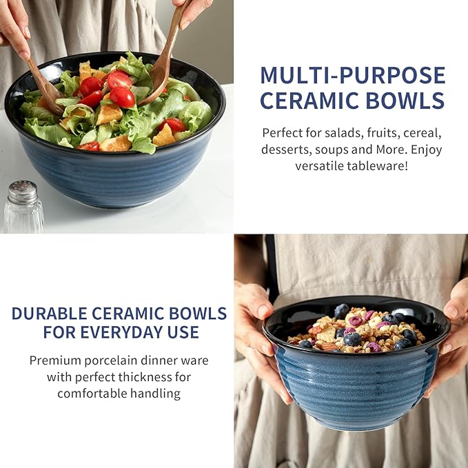 HASENSE Mixing Bowls, Ceramic Serving Bowls Set for Cooking, Baking, Prepping, Large Nesting Bowls for Salads, Fruit, Popcorn, Christmas Gift, 2.1/1.5/1.0 Qt, Dishwasher & Microwave Safe, Blue