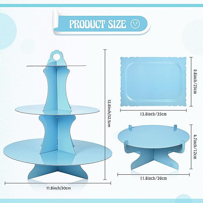 Zopeal 7 Pcs Dessert Table Display Set 3-Tier Cupcake Stand 1-Tier Cup Cake Display Tower Platters and Serving Trays Cardboard Cake Cookie Holders for Wedding Birthday Party Baby Shower(Sky Blue)
