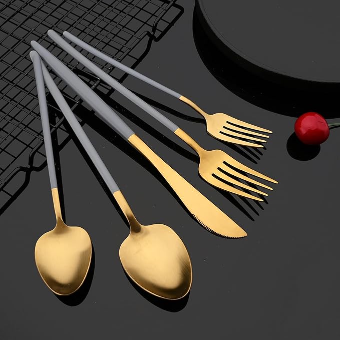 JASHII Matte Grey and Gold Silverware Set, 304 Stainless Steel Flatware Set Service for 4, Tableware Cutlery Set for Home Restaurant Party, Dinner Forks/Spoons/Knives, Slim Handle, Dishwasher Safe
