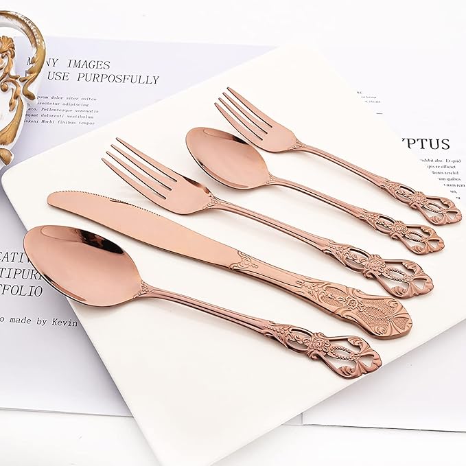 Elegant 32-Piece (4 Set) Retro Flatware Set, Stainless Steel Cutlery Set - Complete Eating Tableware Serving Set, Dishwasher Safe, Shiny Mirror Polish (Rose Gold)