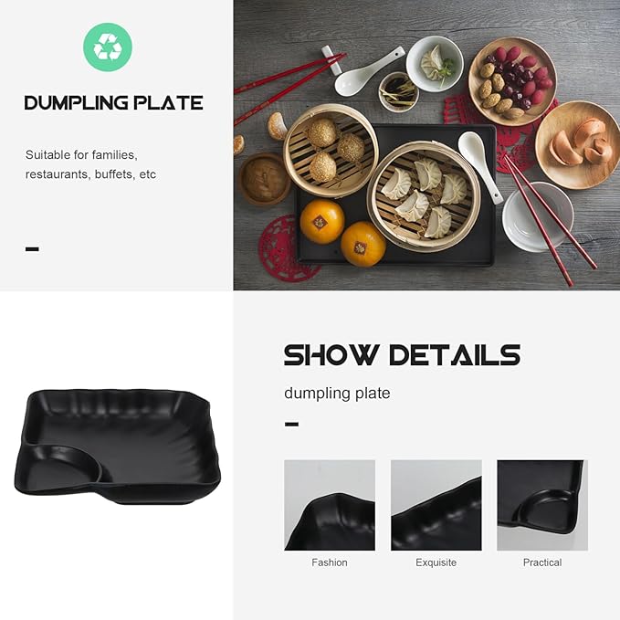 Kichvoe Black Divided Sushi & Dumpling Plate with Sauce Compartment | Japanese Serving Tray for Appetizers & Snacks, 6.88X6.88X1.37In