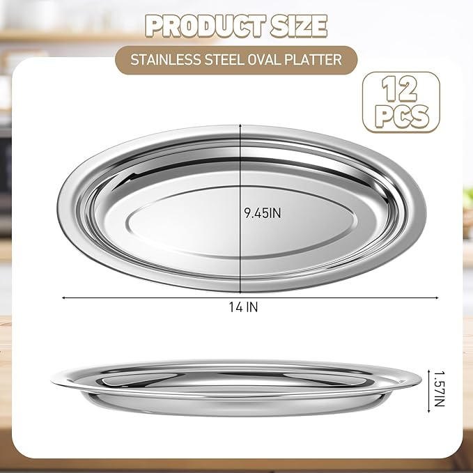 12 Pcs Stainless Steel Oval Platter Set Bulk Heavy Duty Mirror Polished Serving Tray Sliver Large Metal Display Serving Platter Dinner Trays for Table Food Home Dishwasher(14 Inch)