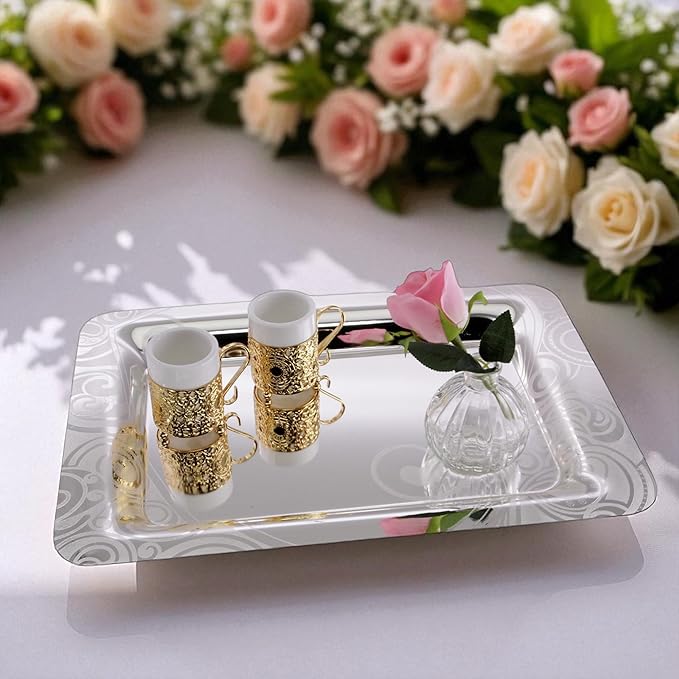(Pack of 3) 15.7 inch x 11 inch Oblong Chrome Plated Serving Tray in Different Pattern Stylish Design Floral Engraved Iron Gold Edge Decor Wedding Dessert Buffet Platter Plate NC-017