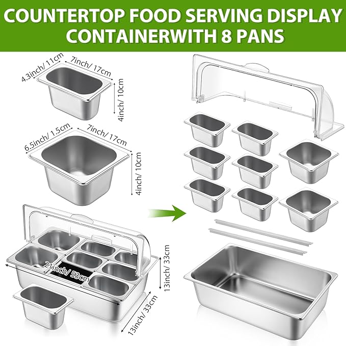 Countertop Food Serving Display Container and Clear Roll Top Cover Stainless Steel Food Serving Tray Buffet Condiment Dispenser Display Rack for Restaurant Hotel Kitchen Party (8 Pan)