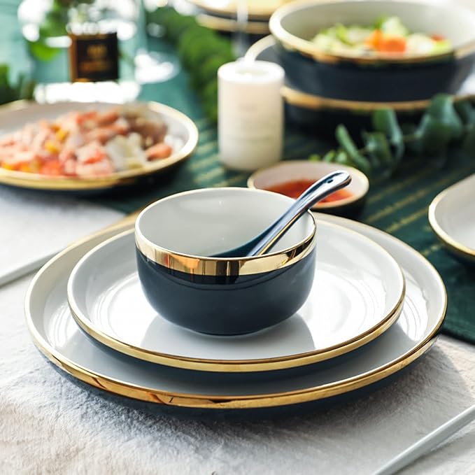 18 Piece Dinnerware Set Service for 4 People, Plates and Bowls Sets, Round Gold Trim Ceramic Dinner Set, Porcelain Dinnerware Set Dish Set, Tableware Multiplayer Set Salad Bowl Home GIF