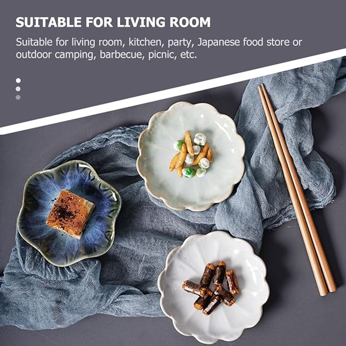 3pcs Ceramic Sauce Dishes Set, Assorted Lotus Leaf Design Appetizer Plates in Blue Gradient, Original Straw, and Vintage White for Condiment Serving and Dining Random Color