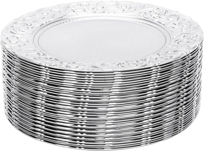 100 Pcs Antique Charger Plates 13 Inch Embossed Rim Plastic Decorative Round for Table Setting Wedding Party Event Tabletop Setting Decor (Silver)