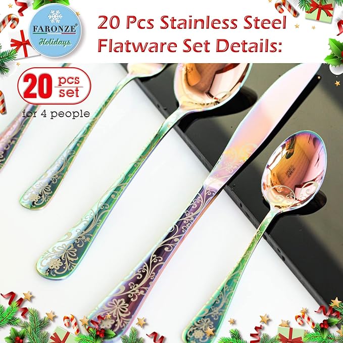 20 Pieces Stainless Steel Flatware Set for 4 People Knives Forks Spoons Set, Vintage Pattern Design, Mirror Polish and Dishwasher Safe (05-COLORFUL-SET 20)