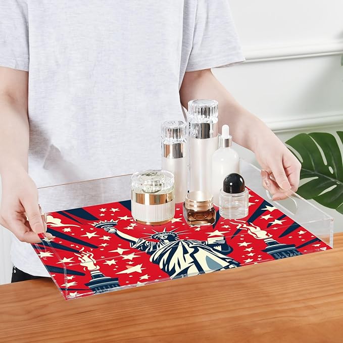 Serving Tray with Handles Clear Acrylic Tray 12x16 Inch Decorative Rectangular Tray Organizer for Ottoman Coffee Table Bathroom July 4th Statue of Liberty Red