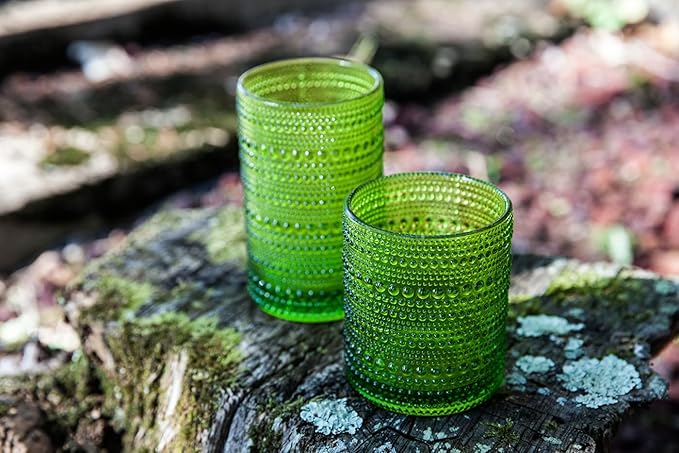 Fortessa Jupiter Beaded Hobnail Glass, 13 Ounce Iced Beverage (Set of 6), Sage Green